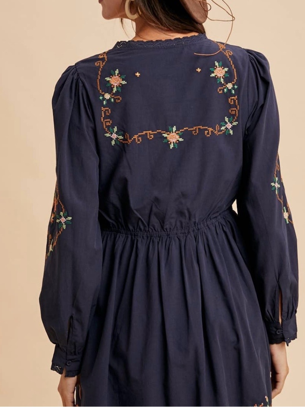 In Loom Dress Womens Large Homestead Cross Stitch Navy Ruffle Cottagecore - Picture 3 of 11